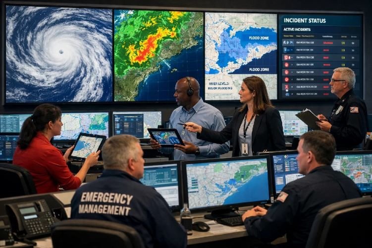 Emergency management and disaster response using satellite monitoring for rapid damage assessment and crisis coordination
