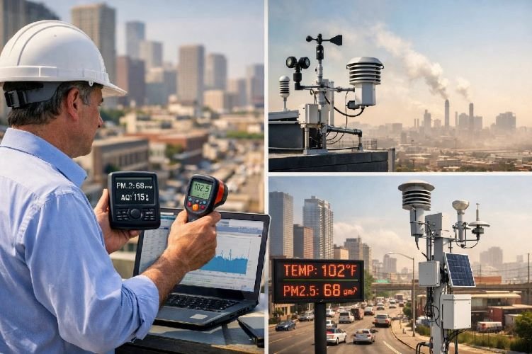 Environmental monitoring for air quality assessment and urban heat island detection using satellite technology