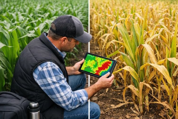 NDVI crop health monitoring showing healthy vs stressed crops using satellite imagery and remote sensing agriculture technology