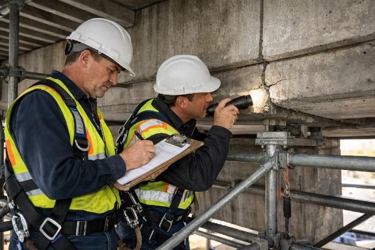 Civil Engineers Conducting Traditional Bridge Inspection from Scaffolding