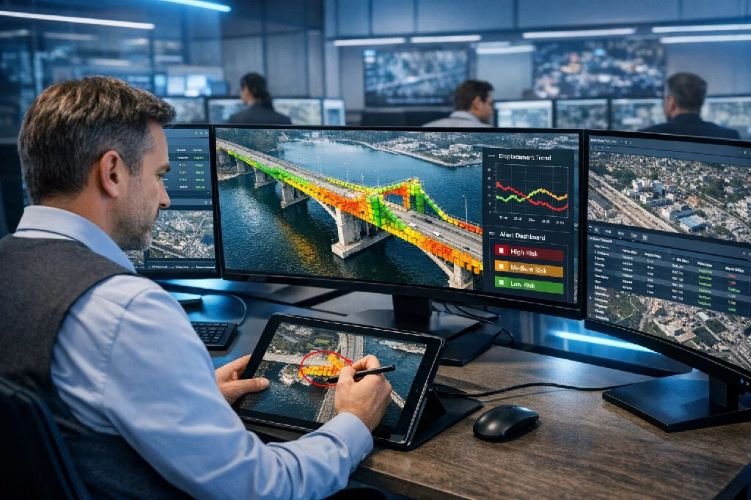 Geospatial Analyst Examining Infrastructure Deformation Data in Modern Operations Center