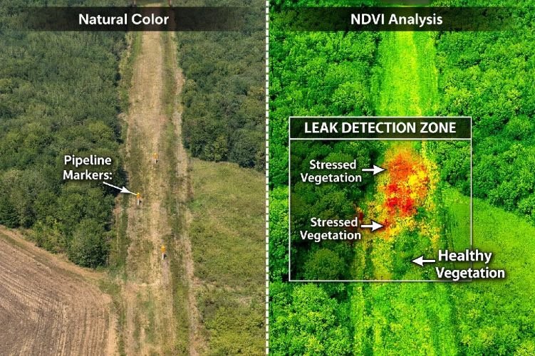 Satellite NDVI vegetation stress pipeline leak detection remote sensing