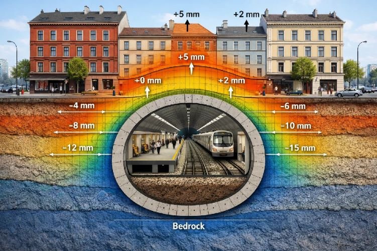 Technical Cross-Section Visualization of Underground Metro Tunnel Beneath Urban Buildings