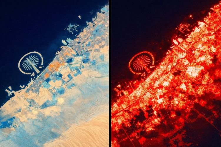 Landsat satellite land surface temperature map Dubai urban expansion 2000 2022