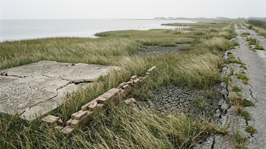 Remains of concrete house foundations surrounded by coastal marsh on the Texas Gulf Coast