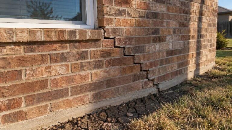 Stair step cracks in the brick wall of a Texas home caused by foundation movement